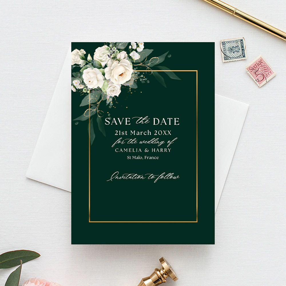 Dark Green and White Rose Save the Dates