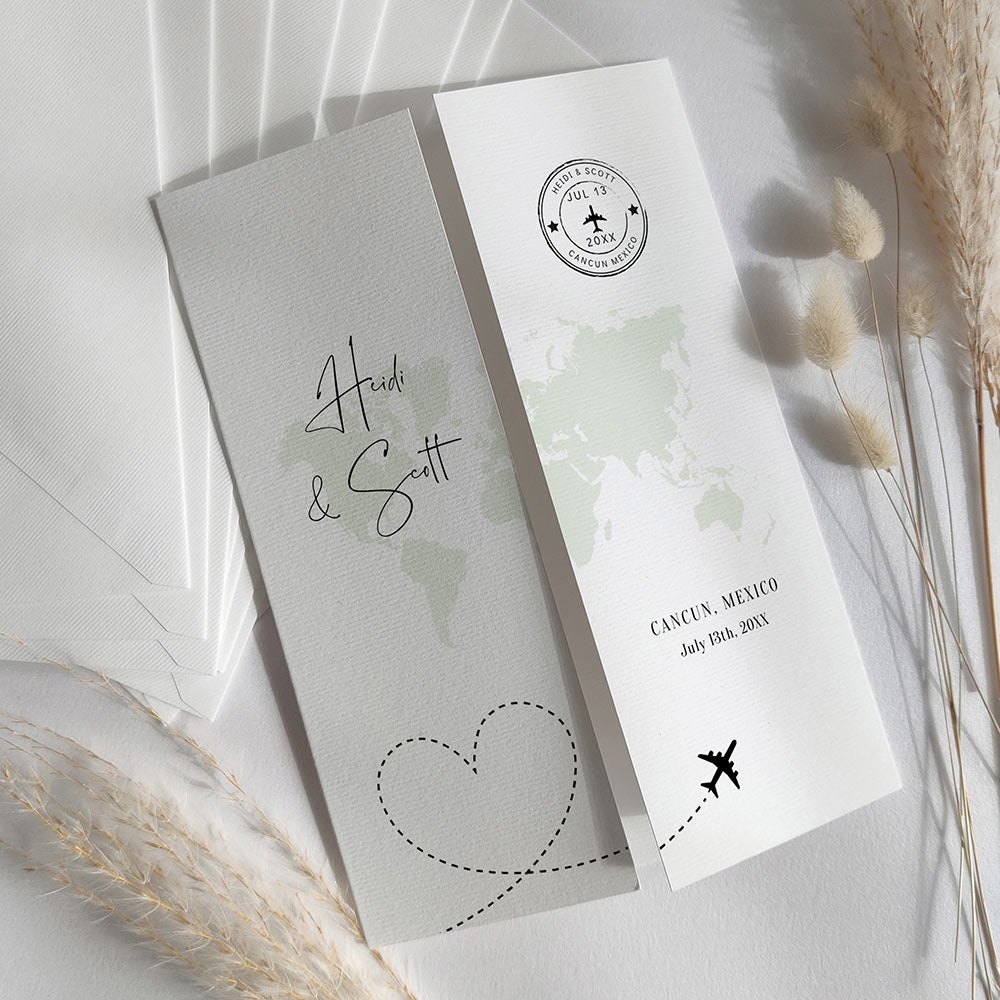Invitations with plane, map and passport stamp