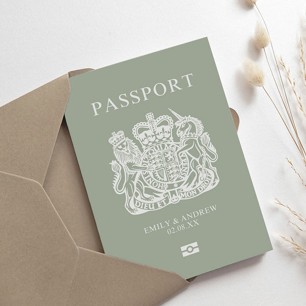 Sage Green passport Wedding Invitation