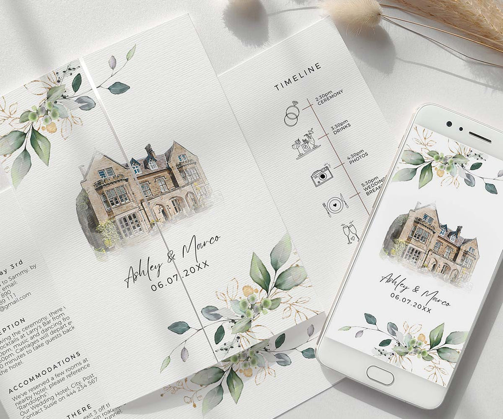 Wedding Venue Watercolour Sketch Invitations