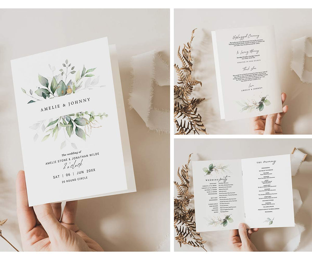 Folded Greenery and Eucalyptus Wedding Programs